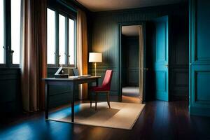 uma escrivaninha e cadeira dentro uma Sombrio quarto com azul paredes. gerado por IA foto