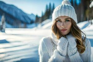 uma lindo mulher dentro uma branco inverno chapéu e luvas. gerado por IA foto