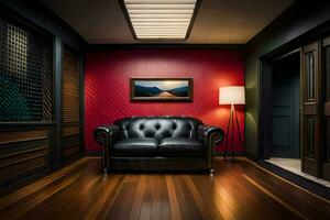 uma quarto com vermelho paredes e uma couro sofá. gerado por IA foto