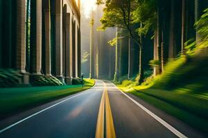 uma estrada com árvores e uma carro dirigindo através eles. gerado por IA foto