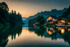 uma casa senta em a costa do uma lago às pôr do sol. gerado por IA foto