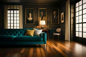uma vivo quarto com uma azul sofá e As fotos em a muro. gerado por IA
