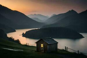 uma pequeno cabine senta em a Beira do uma lago às pôr do sol. gerado por IA foto