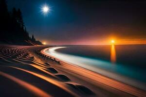 a lua é brilhando sobre a areia às noite. gerado por IA foto