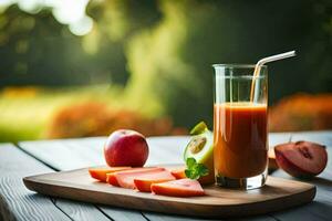 uma vidro do suco com fatiado fruta em uma de madeira mesa. gerado por IA foto