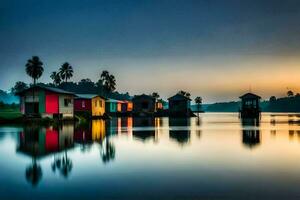 uma lindo pôr do sol sobre uma lago com casas em a costa. gerado por IA foto