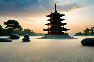 uma pagode senta em a costa do uma lago às pôr do sol. gerado por IA foto