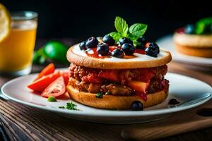 uma Hamburger com fruta e legumes em uma placa. gerado por IA foto