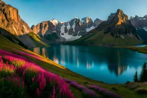 a lago e flores dentro a montanhas. gerado por IA foto