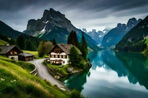 a casa em a lago, a montanhas, e a lago. gerado por IA foto