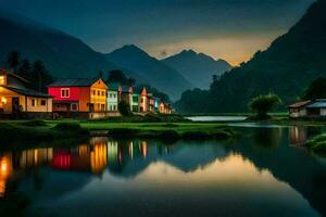 colorida casas estão refletido dentro a água às crepúsculo. gerado por IA foto