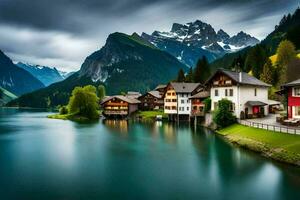 a casa em a lago. gerado por IA foto