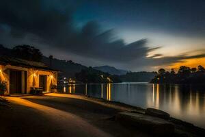 uma casa em a costa do uma lago às crepúsculo. gerado por IA foto