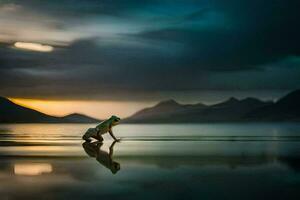 uma homem é ajoelhado em a costa do uma lago às pôr do sol. gerado por IA foto