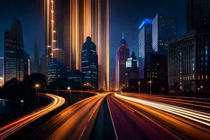 uma cidade às noite com luzes em a estrada. gerado por IA foto