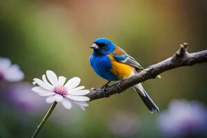 uma azul e laranja pássaro senta em uma ramo. gerado por IA foto