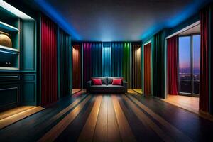 uma quarto com colorida cortinas e uma sofá. gerado por IA foto