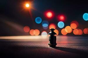 uma garrafa do vinho em a estrada às noite. gerado por IA foto