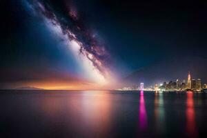 a leitoso brilha brilhantemente sobre a cidade Horizonte. gerado por IA foto