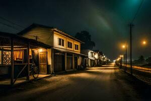 uma rua às noite com casas e uma bicicleta. gerado por IA foto