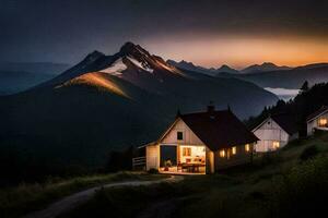 uma cabine dentro a montanhas às pôr do sol. gerado por IA foto