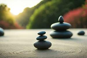 zen pedras dentro uma círculo em uma arenoso de praia. gerado por IA foto