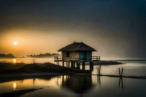 uma pequeno cabana em a costa do a oceano às nascer do sol. gerado por IA foto