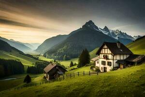 uma casa dentro a montanhas às pôr do sol. gerado por IA foto