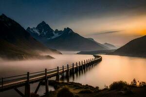 uma ponte sobre uma lago e montanhas às pôr do sol. gerado por IA foto