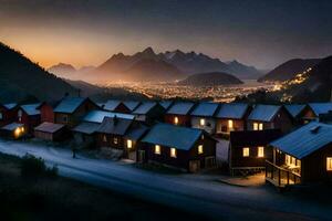 foto papel de parede a céu, montanhas, noite, casas, a Vila, a montanhas, a Vila. gerado por IA