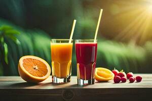 dois óculos do suco com palhas em uma de madeira mesa. gerado por IA foto