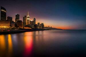 a cidade Horizonte às pôr do sol dentro Chicago. gerado por IA foto