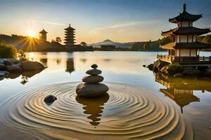 uma pagode e pedras dentro a água às pôr do sol. gerado por IA foto