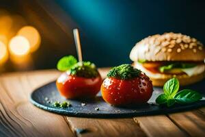 uma prato com tomates e uma hamburguer em isto. gerado por IA foto