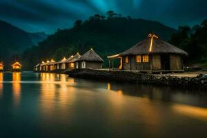 foto papel de parede a céu, noite, água, cabanas, montanhas, casa, a água,. gerado por IA