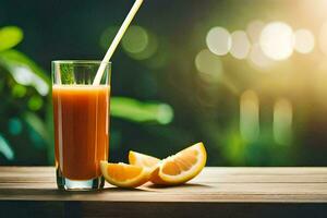 uma vidro do laranja suco com uma Palha e fatias do laranja. gerado por IA foto