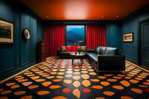 uma vivo quarto com uma vermelho e laranja estampado chão. gerado por IA foto