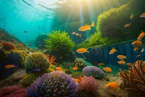 a embaixo da agua cena com coral recifes e peixe. gerado por IA foto