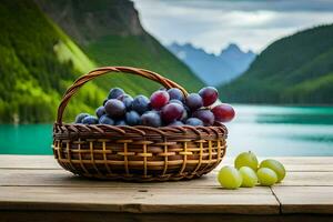 uvas dentro uma cesta em uma de madeira mesa dentro frente do uma lago. gerado por IA foto