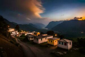 uma Vila às pôr do sol dentro a montanhas. gerado por IA foto