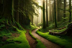 uma caminho através uma verde floresta com musgoso árvores gerado por IA foto