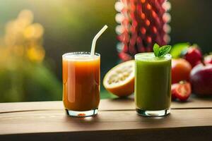 dois óculos do suco com fruta e legumes. gerado por IA foto