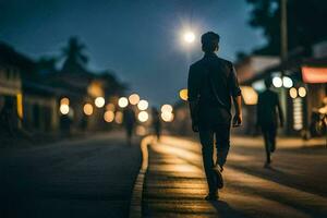 uma homem caminhando baixa uma rua às noite. gerado por IA foto