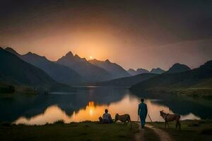dois pessoas e dois cavalos em pé de uma lago às pôr do sol. gerado por IA foto