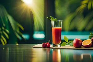 uma vidro do suco com fruta em uma mesa. gerado por IA foto