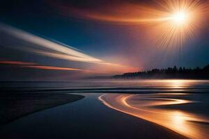 a Sol brilha sobre a oceano às noite. gerado por IA foto