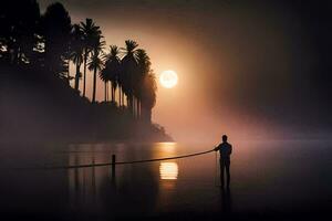 uma homem em pé em a costa do uma lago às nascer do sol. gerado por IA foto