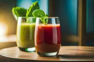 dois óculos do suco em uma mesa. gerado por IA foto