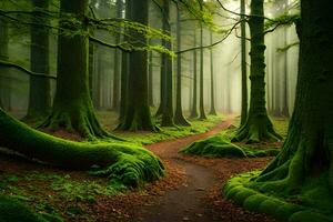 uma caminho através uma verde floresta com árvores e musgo. gerado por IA foto