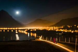 uma casal caminhando ao longo a estrada às noite com uma cheio lua dentro a fundo. gerado por IA foto